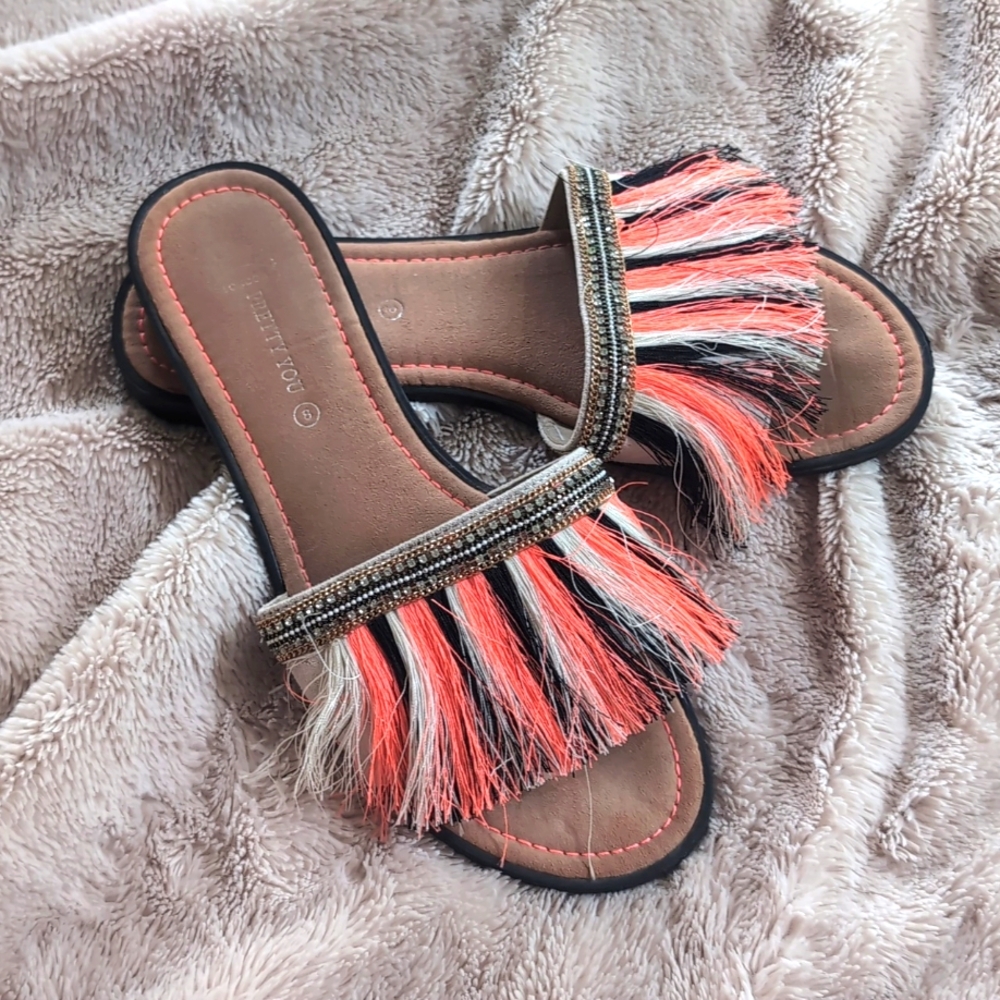 Gorgeous Boho Fringe Tassel Embellished Slides Flats Sandals